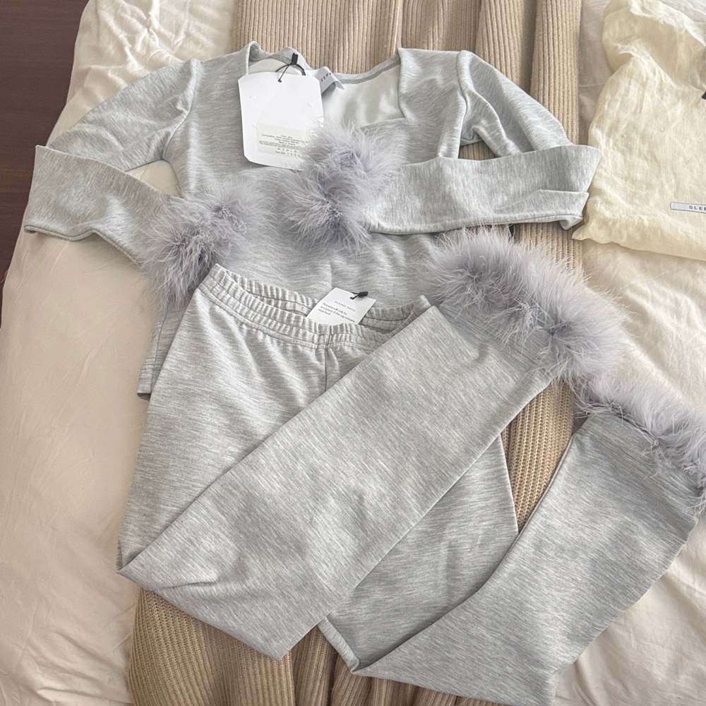 Sleeper Gray Lounge Set with Feather Trim